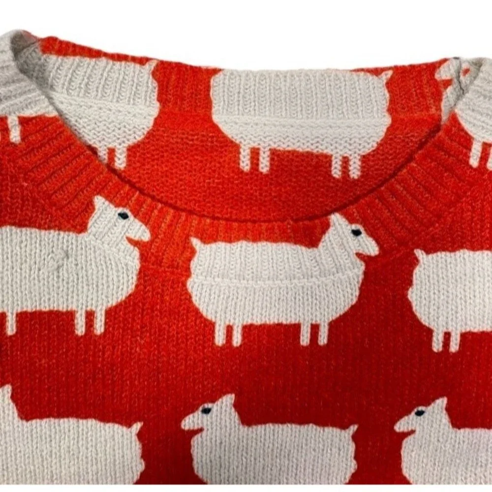 Women’s Bright Red Crewneck Sweater with Sheep Motif - Picture 5 of 12